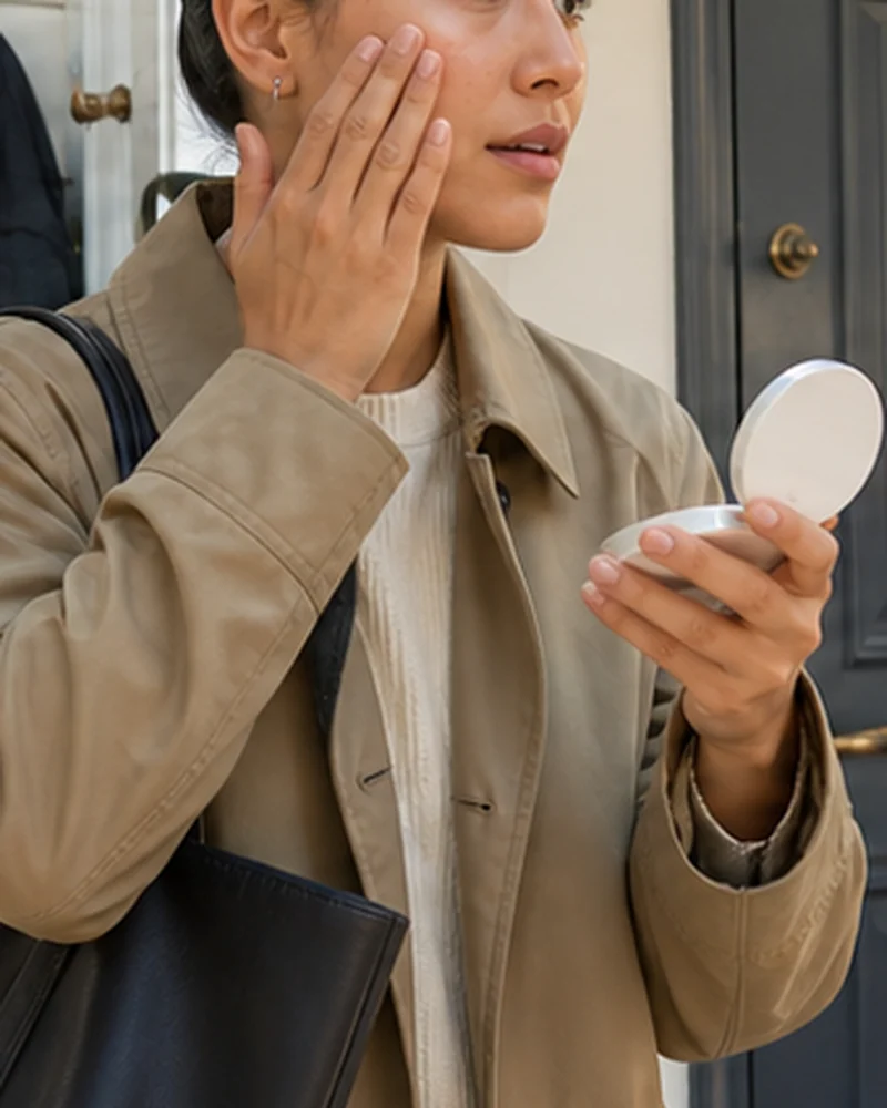 A real-life beauty routine scene illustrating sunscreen under makeup