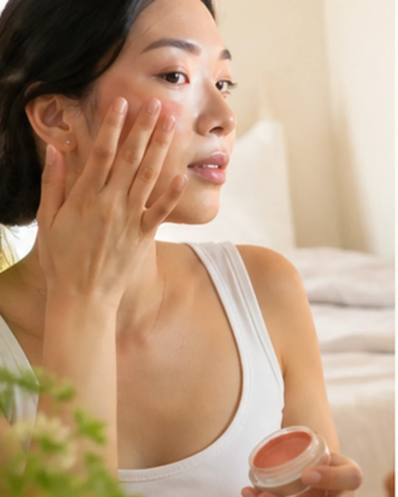 A real-life beauty routine scene illustrating cream blush