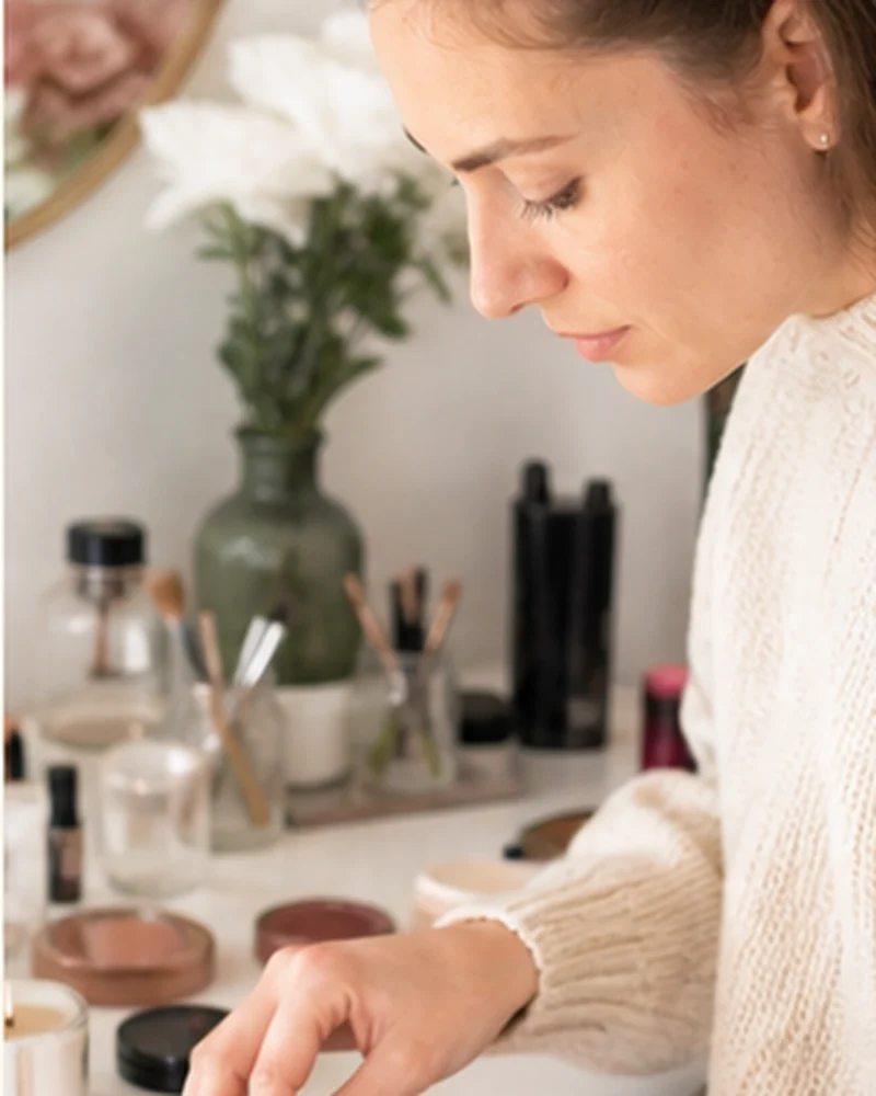 A real-life beauty routine scene illustrating neutral palette