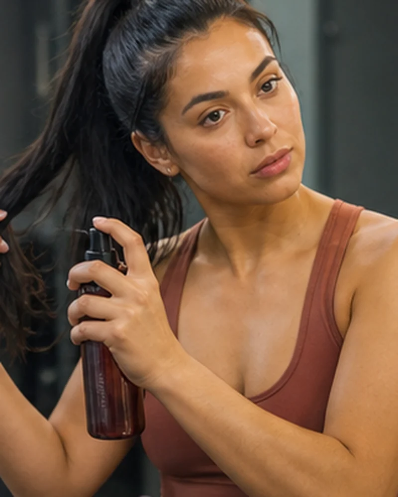 A real-life beauty routine scene illustrating post-workout hair