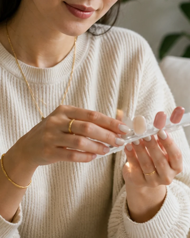 A real-life beauty routine scene illustrating neutral nail color