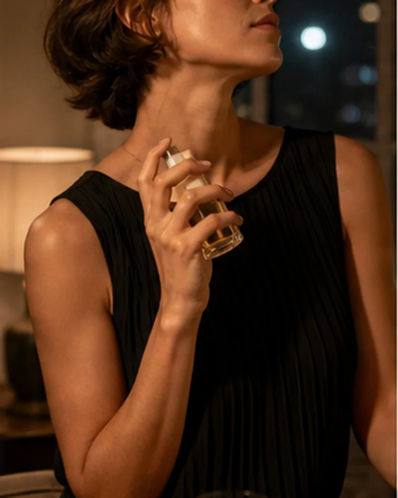A real-life beauty routine scene illustrating evening fragrance